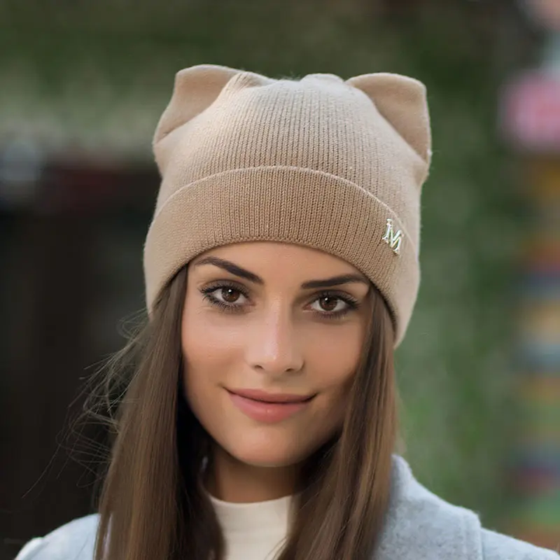 Winter Wool Blended Knit Cat Ear Hat, Animal Hat,Women's Hand Knit Cat Ear Bobble Beanie For Gift