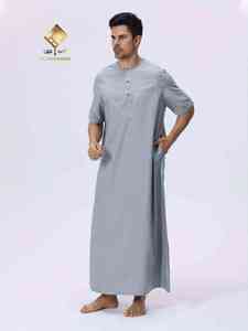 Túnica de Oración para Hombre AL HARAMAIN, Color Gris Claro, Poliéster, Manga Corta, Largo hasta el Suelo, Cuello Modesto, Color Sólido, Corte Regular, Elegante - Product Image 6
