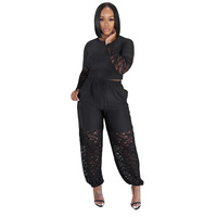 Ensemble deux pièces amincissant BR7062 Streetwear : Haut transparent à manches longues avec patchwork en dentelle et pantalon court