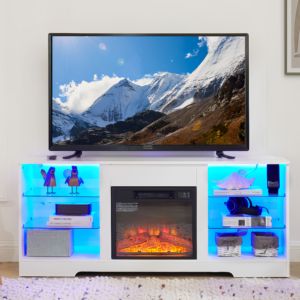 Soporte de TV para chimenea eléctrica moderna DB con luces LED Estantes de vidrio de salida de carga USB de madera 3D para gabinete de TV - Product Image 1