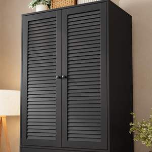 Armoire moderne noire à 2 portes à persiennes, 3 tiroirs, autoportante, en bois, pour chambre à coucher, rangement de vêtements RTA - Product Image 1