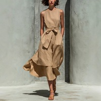 Gaun Maxi Linen Tan Elegan untuk Wanita, Gaun Tanpa Lengan Seksi dengan Ikat Pinggang, Model A-Line, Rok Panjang, Pakaian Santai Musim Panas untuk Pantai dan Resor