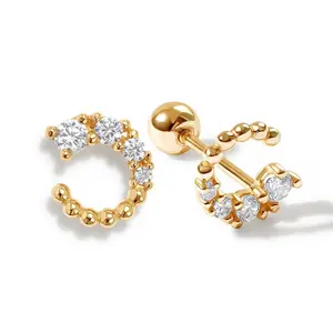 宝石精品珠宝18克拉金穿孔级联水晶螺旋设计迷你穿孔耳环