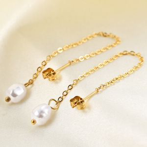 Pendientes de Cadena con Borla Larga y Colgante de Perla, Aretes de Acero Inoxidable con Cadena de Oro de 18K para Uso Diario - Product Image 2