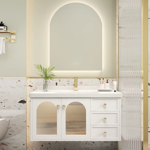 <b>Wall</b>-Mounted White Bathroom Vanity Unit With Gold Handles Arched LED <b>Mirror</b> Cabinet - Product Image 1