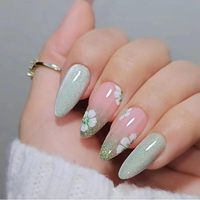 Faux ongles français en amande avec logo personnalisé ISO9001, motif ligne dorée, à coller, à presser, en acrylique, taille moyenne