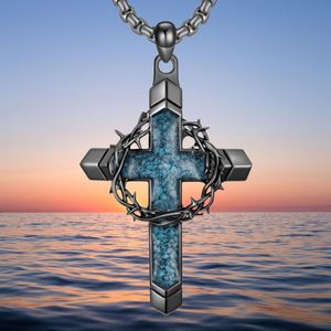Vintage Turquoise <b>Cross</b> Pendant Necklace for Women <b>Men</b> Thorny Wreath and <b>Cross</b> Design <b>Chain</b> Jewelry Gifts - Product Image 2