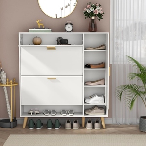 <span class=keywords><strong>Zapatero</strong></span> Moderno de Madera Blanca <span class=keywords><strong>con</strong></span> 3 Cajones Abatibles, Estante Inferior Abierto, <span class=keywords><strong>Estantes</strong></span> Interiores <span class=keywords><strong>con</strong></span> Puerta para Sala de Estar - Product Image 4
