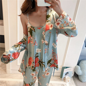 3PCS Women Pajamas Set <strong>Lady</strong> Emulation <strong>Silk</strong> <strong>Pyjama</strong> Sets Flower Sleepwear Female Leopard Satin Homewear With Removable Padded - Product Image 1