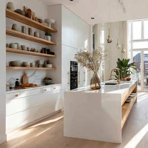 Armoires de <span class=keywords><strong>cuisine</strong></span> modernes scandinaves en chêne blanc VSME avec étagères ouvertes et îlot en <span class=keywords><strong>marbre</strong></span>, ensemble d'armoires modulaires - Product Image 6
