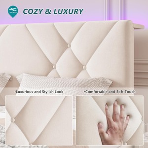 Cadre <span class=keywords><strong>de</strong></span> <span class=keywords><strong>lit</strong></span> Queen moderne avec 2 tiroirs, <span class=keywords><strong>tête</strong></span> <span class=keywords><strong>de</strong></span> <span class=keywords><strong>lit</strong></span> capitonnée avec station <span class=keywords><strong>de</strong></span> charge, capitonnage boutonné en velours, lumières LED - Product Image 5