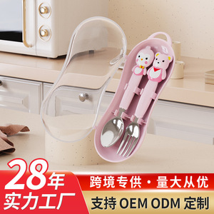 Ensemble de fourchettes et cuillères en acier inoxydable pour bébé, design de dessin animé rose, pour 1-2 ans, bords ronds sûrs, ustensiles d'apprentissage - Product Image 3