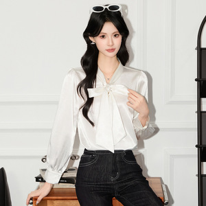 Women's Long Sleeve Satin Blouse With Bow Tie Green Solid Color Office Wear 2026 Spring Autumn Style - Product Image 2