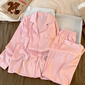 Conjunto de pijama de satén personalizado con lentejuelas de estrellas pequeñas, ropa de dormir de manga larga para otoño, pijama de 2 piezas para mujer - Product Image 2