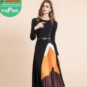 재고 판매 2021 새로운 여성 의류 도매 패션 의류 우아한 꽃 캐주얼 드레스 탄성 니트 긴 소매 드레스
