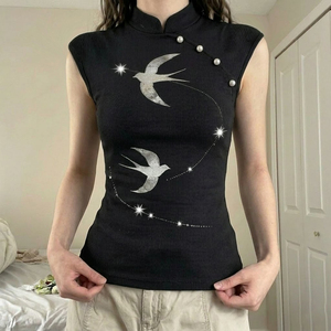 Nuevo Chaleco sin Mangas con Estampado de Golondrina Estilo Chino, Diseño de Cuello Pankou con Perlas, Top Elegante y Ajustado Estilo Vintage para Chicas - Product Image 2