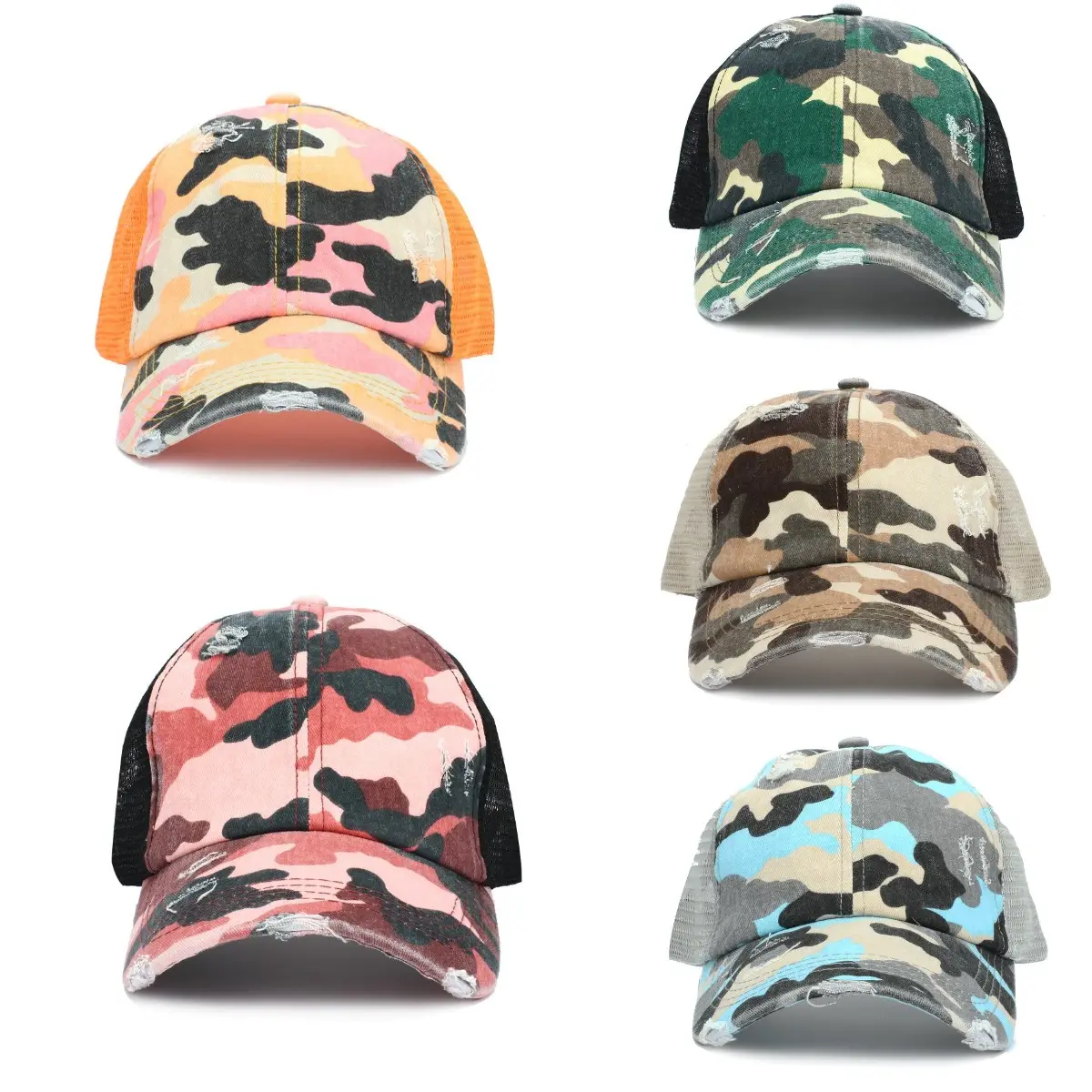 O275 Women Cotton Mesh Camo Snapback Baseball Caps Distressed Trucker Hat Messy Bun CrissCross Ponytail Hat