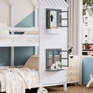 Cama alta de madera maciza personalizada para niños, tipo casa, con estructura de madera, tamaño Queen, 90x200cm, con techo, para habitación infantil de hostal. - Product Image 5