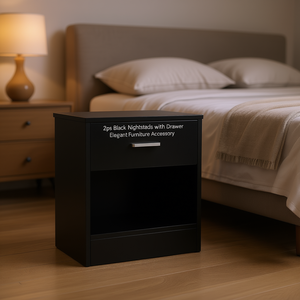 Tables de chevet noires avec tiroir, meubles de chambre à coucher modernes en bois, ensemble de 1 tiroir pour usage domestique - Product Image 2