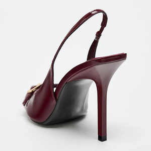 صندل نسائي فاخر أنيق بكعب عالٍ رفيع ومقدمة مستديرة من جلد النبيذي اللامع - Product Image 2