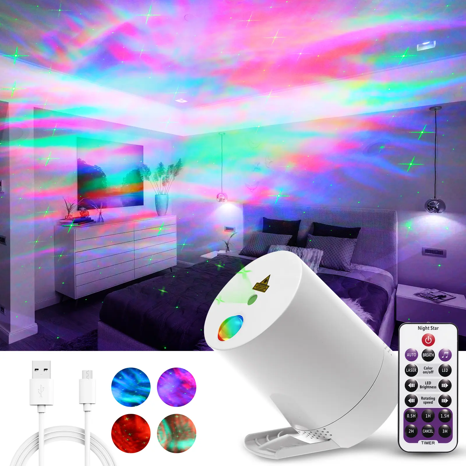 Laser Star Colorful Aurora Ripple Universe Style Projector Dream Room Decor Night Light USB Connect Power Projector Lamp