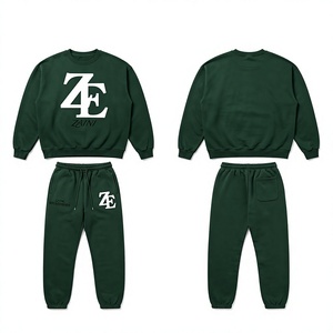 Ensemble de survêtement en molleton de coton 350 GSM pour homme, avec logo personnalisé brodé, sweat à capuche et pantalon de jogging, doux et chaud, vert - Product Image 1