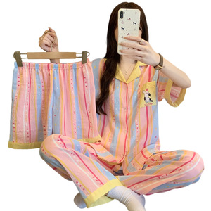 Conjunto de Pijamas Lijia Sweet Girl em Algodão Nuvem Respirável, Roupa de Três Peças com Manga Curta, Pijamas Listrados para Mulheres - Product Image 5