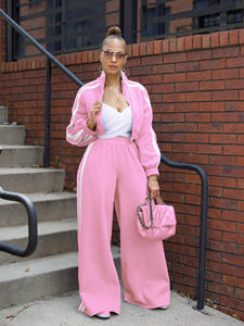 Set Pakaian Olahraga Musim Semi Motif Garis Atasan Crop Top Lengan Panjang Resleting Celana Baggy Kaki Lebar Pinggang Tinggi Set <span class=keywords><strong>2</strong></span> Potong Wanita - Product Image 1