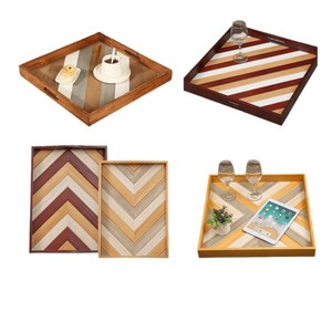Plateau de service en bois avec motif chevron pour café, thé, hôtel, salle à manger, 12x16 pouces, design mosaïque en bois massif - Product Image 5