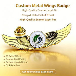 Épingles à revers en émail personnalisées, forme d'ailes, relief 3D, placage or durable, badge métallique, logo personnalisé pour souvenirs d'aviation - Product Image 1