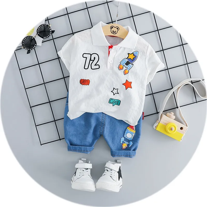 Baby Boy Mode Zomer Kleding Set Nieuwe Leuke Brief Korte Mouw T-shirt Pak Kinderen Kleding Jongens Outfit Geel Wit