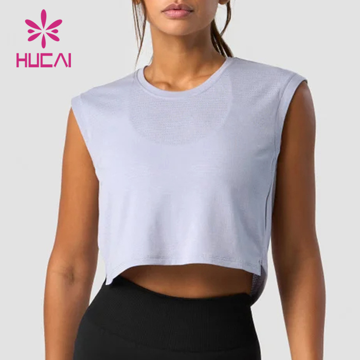 HUCAI OEM 100%cotton Vintage Loose Fit Mesh Fabric Patchwork Fitness Yoga Training Crop tank Top Women Sexy
