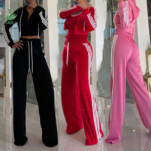 Setelan Wanita Dua Potong Baru dengan Garis Samping, Tracksuit Kasual 2 Potong, Jaket Hoodie Ritsleting dan Celana Jogger - Product Image 1