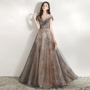 Off The Shoulder Evening Gown Gray Champagne Pink Mauve Ball Gown Floral Print 3D Stereoscopic Patterns Natural Waistline - Product Image 1
