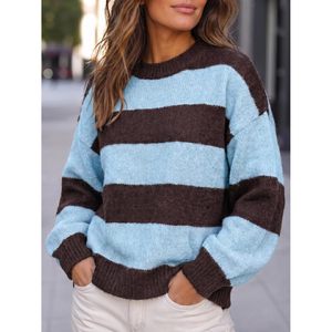 Pull surdimensionné personnalisé pour femme, rayé, en maille épaisse, à col rond, à manches lanternes, avec blocs de couleur - Product Image 2