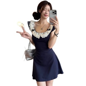 Lace Trimmed U Neck A Line Bodycon Dress Natural Waist Leisure Daily Wear Short Sleeve Casual Dress - Product Image 5