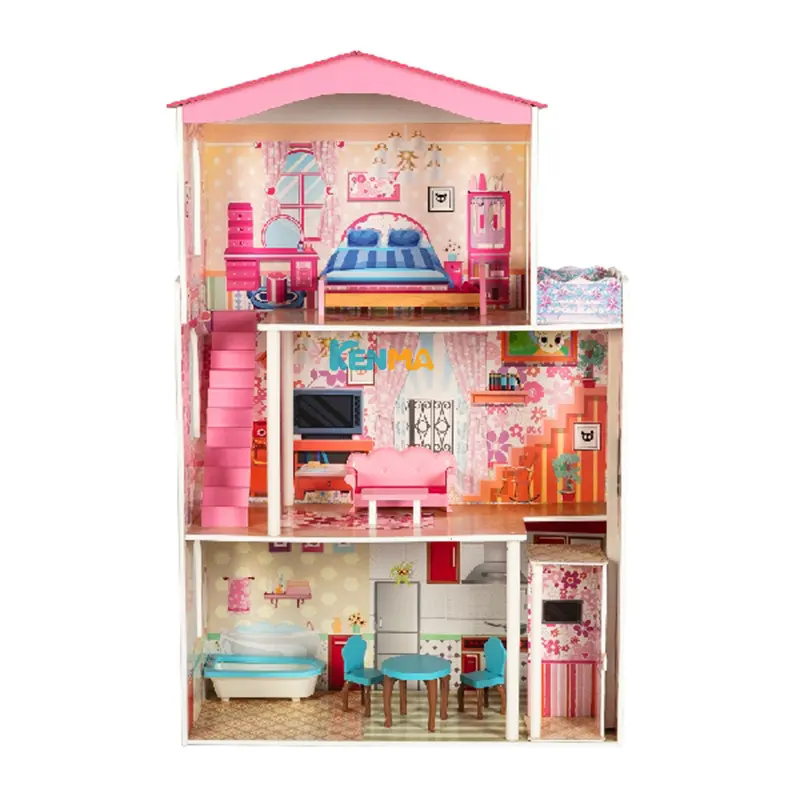 Le case delle bambole in legno grandi miniature della casa delle bambole fingono di giocare con i giocattoli