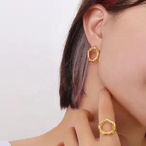 Punk Jewelry Finger Knuckle Ring Stud Earrings Gold Stainless Steel Plated Irregular Geometric Tarnish Free Waterproof Women 18K