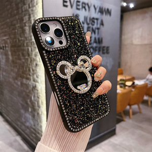 Custodia per telefono con specchietto a punta di Mickey intarsiato a diamante con intarsi scintillante per iPhone 16 Pro Max 12 13 14 <span class=keywords><strong>Cover</strong></span> antiurto - Product Image 3