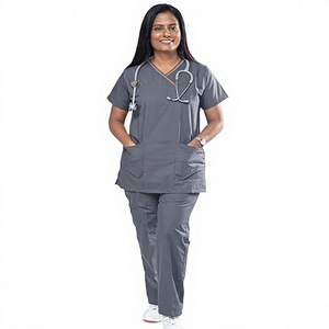 Unisex Gray V-Neck <b>Doctor</b> Scrub <b>Set</b> with Spandex Cotton Fabric Needle Detection Hospital Use Pants Included - Product Image 1