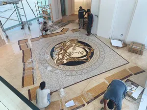 Hand Cutting Art Mosaic Greek Brown Carpets Pattern Design Custom Wall Murals Background Decor Luxury Villa Floor Stone Mosaic