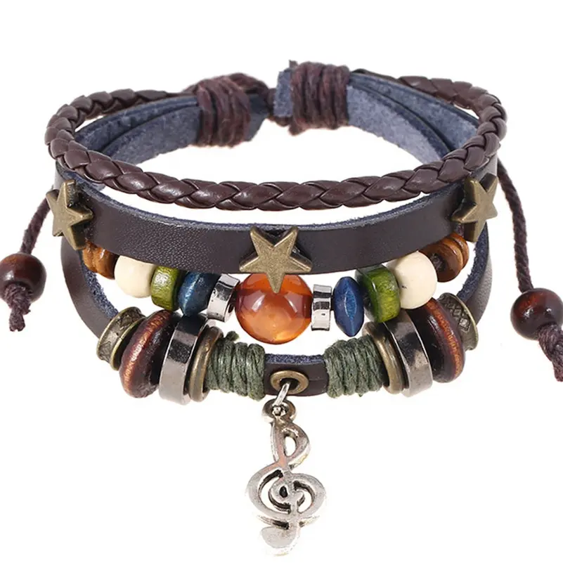 Fashion Handmade Boho Gypsy Hippie Design Brown Leather Note Metal Charms Wood Button Beads Wrap Unisex Adjustable Bracelet