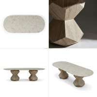 Table à manger ovale en marbre travertin naturel de luxe, base sur pieds facettés, villa, hôtel, restaurant, salon, durable, écologique