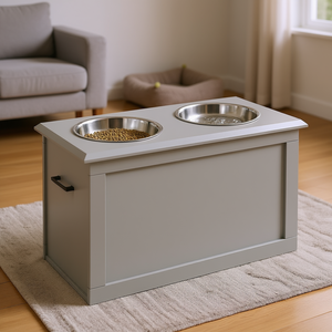 Gray Raised <b>Dog</b> <b>Feeding</b> <b>Station</b> With 2 Stainless Steel Bowls Storage For Larger Pets Pet Bowls Feeders - Product Image 2