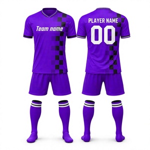 Maillot de football unisexe personnalisé par sublimation, col en V, manches courtes, motif à carreaux violet, respirant, 100% polyester, adulte - Product Image 1