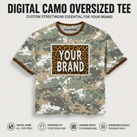 T-shirts Homme Col Rond Streetwear Personnalisés Camouflage Oversize avec Bordures Effilochées et Patch Brodé Léopard Usé – Fabricant