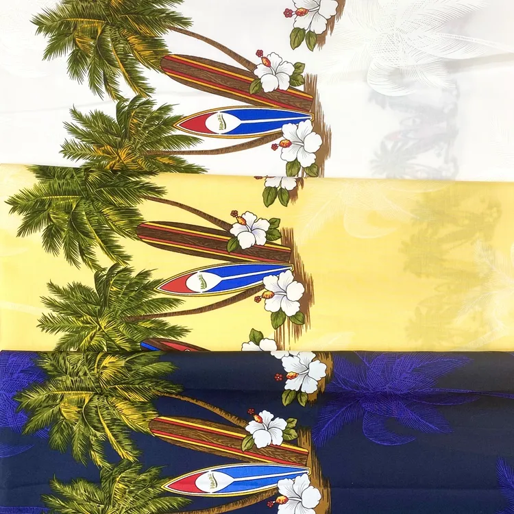 Good color fastness poplin plain hawaiian tropical surfboard design floral print 100%cotton fabric for men's aloha shirt