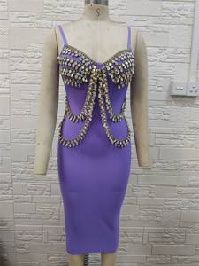 2022 son modelleri yaz spagetti kayışı bandaj elbise lüks Rhinestone zarif mor Midi Bodycon akşam yemeği bayanlar elbise - Product Image 4