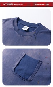 Kaos Pria Katun 275Gsm Lengan Pendek Streetwear Retro Washed Distressed Ripped Pocket Spray Horse Tumble Cepat Kering - Product Image 2