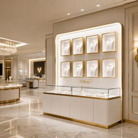 Vitrine à bijoux moderne blanche avec bordure en métal doré et comptoir en verre pour la décoration intérieure d'une boutique de bijoux